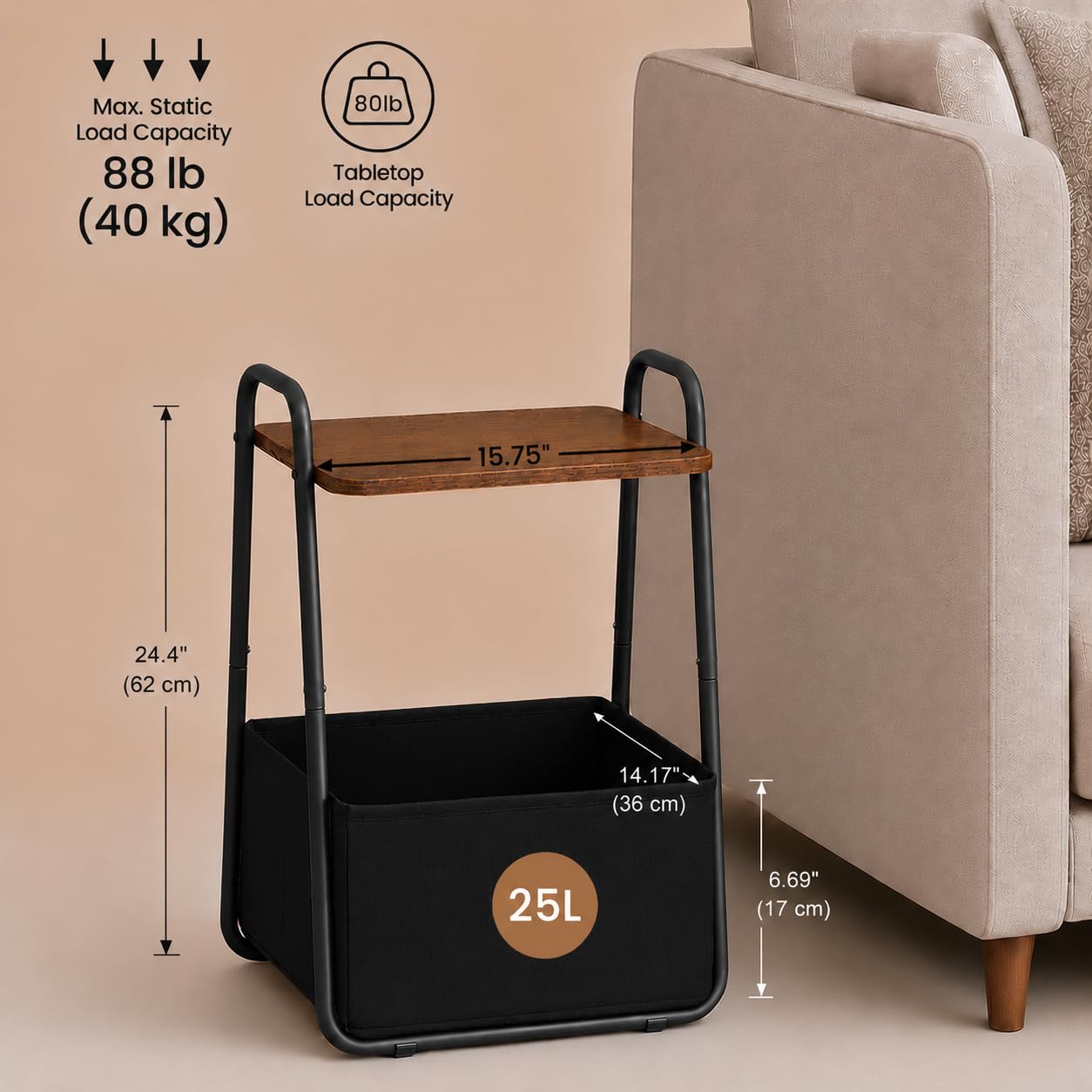 Synlajoy Rustic Brown Metal Frame Nightstand - Small Side Table with Fabric Storage Basket and Handle - Ideal for Bedroom & Living Room & Dorm