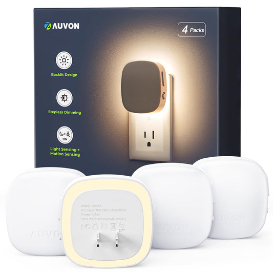 AUVON Plug-in LED Backlit Night Light with Motion Sensor & Dusk to Dawn Sensor, 2200K Soft Warm White Nightlight with 1-50lm Dimmable Brightness for Adults & Kids' Bedroom, Bathroom, Hallway (4 Packs)