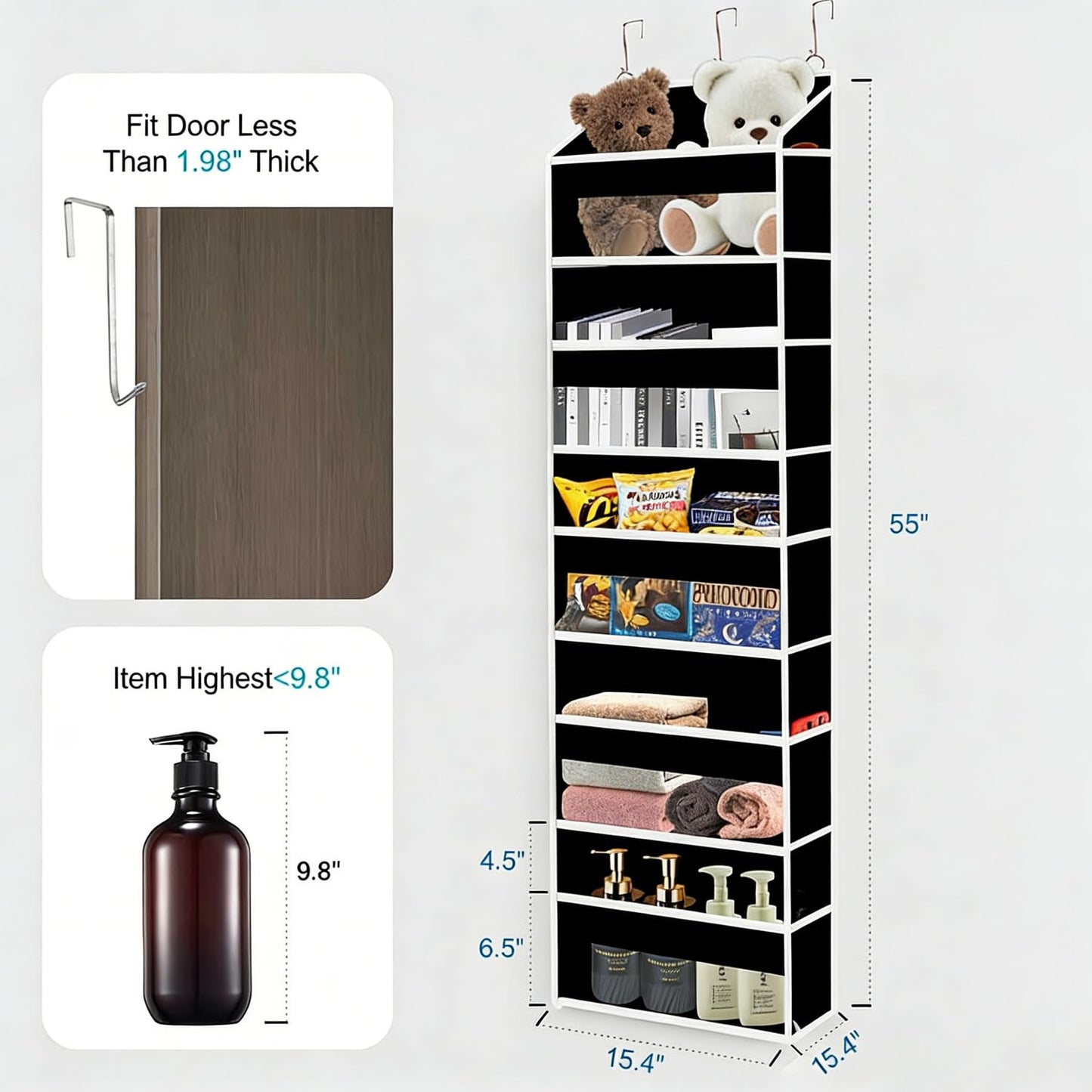 XiflLife Over The Door Organizer Closet,5 Bins 10 Side Pockets,Hanging Organizer,Anti Tilt 44 lbs Load Door Organizers and Storage with Clear Window for Bedroom,Nursery,Rv,Bathroom,Camper(Pure Black)