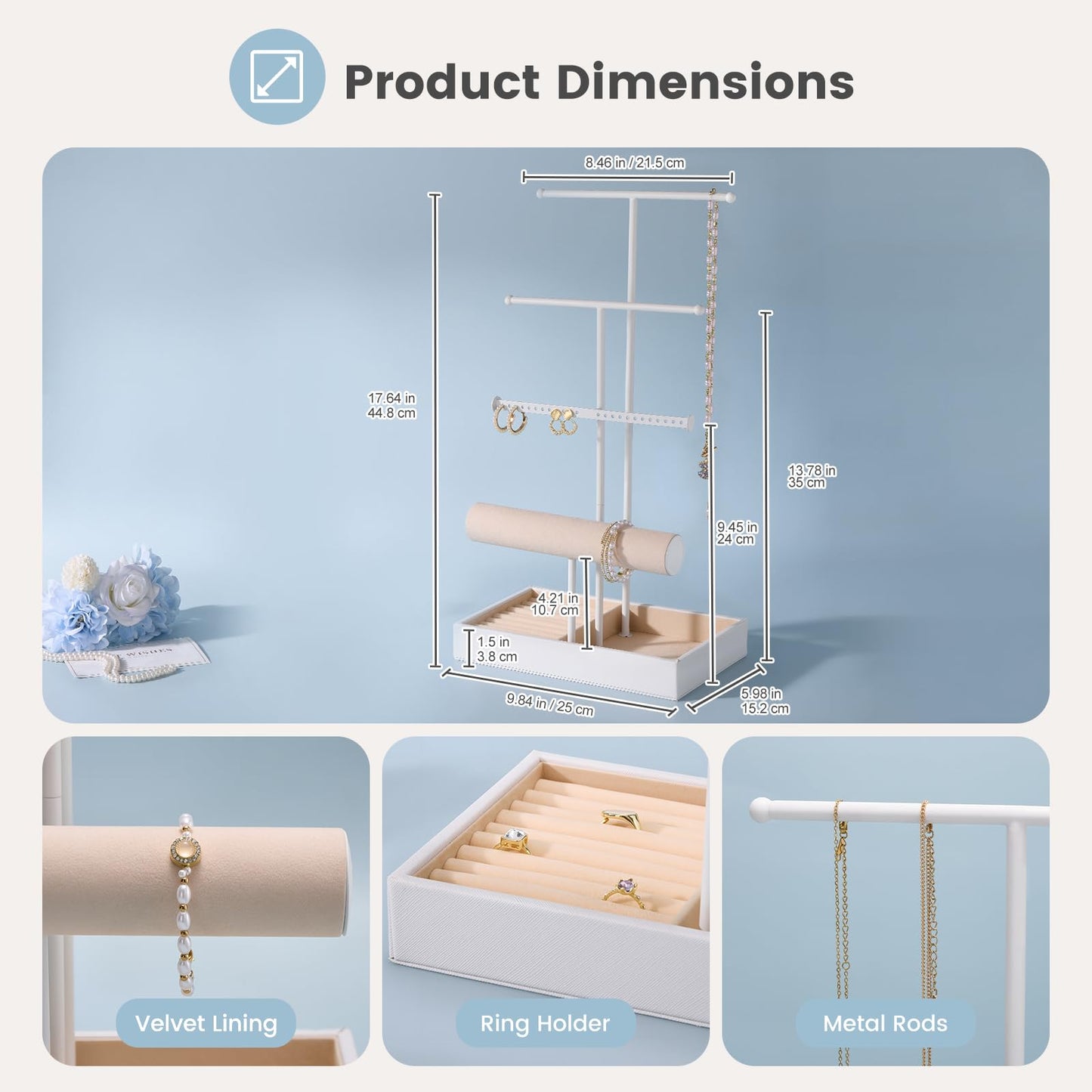 Lolalet Jewelry Holder Tree with Velvet Tray, 4 Tiers Necklace Display Stand Rack with Ring Slots Organizer for Earrings Bracelets Bangles Ring, Valentine's Day Gift -White
