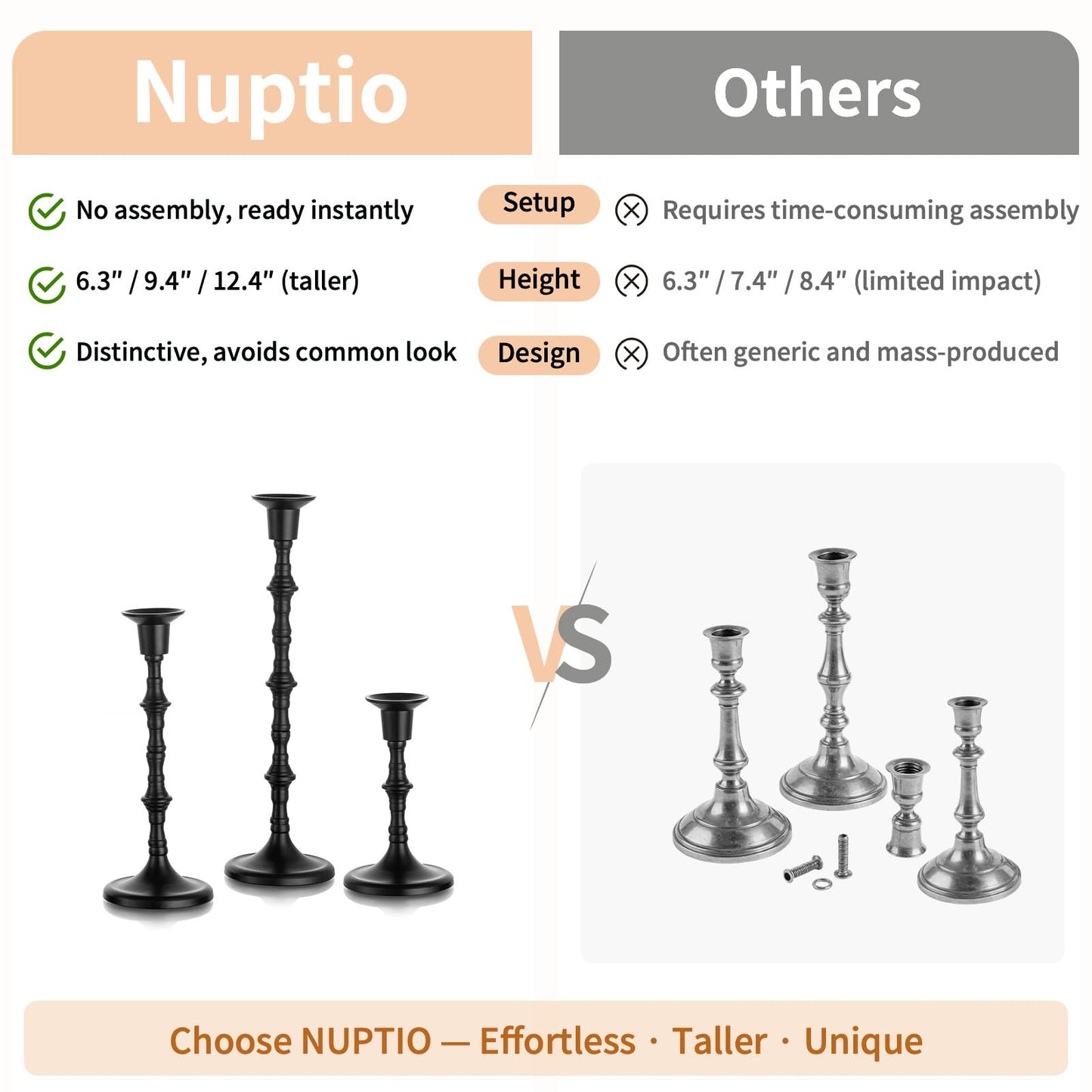 NUPTIO Candle Stick Holders for Centerpeice: Set of 6 Matte Black Taper Candlestick Holders - Bulk Antique Tall Candleholder for Easter Shabbat Table Fireplace Decor