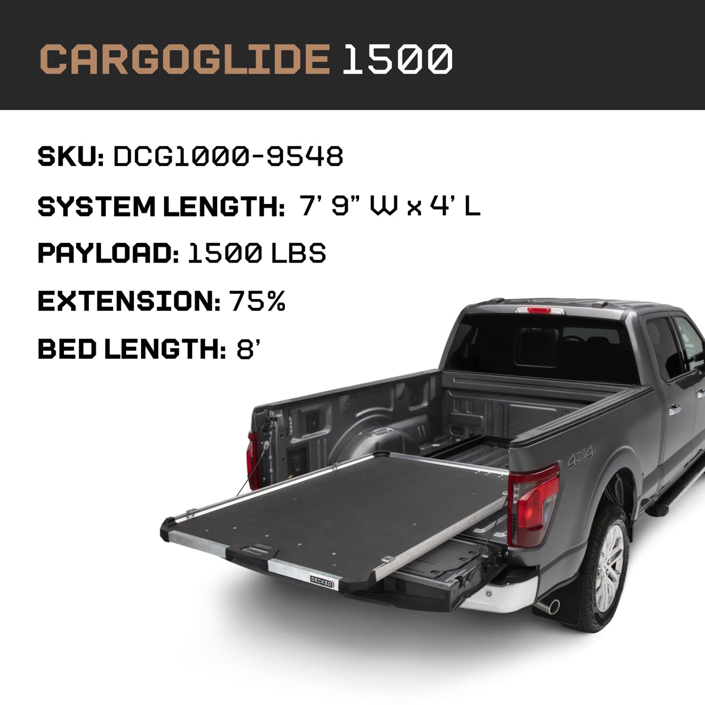 CargoGlide Truck Bed Slide – 1500 lb Capacity, 75% Extension – Heavy-Duty Pickup Cargo Slide for Easy Bed Access – Compatible with CargoGlide 1500/75% / 48" W / 95" L for 8 Foot Bed Trucks