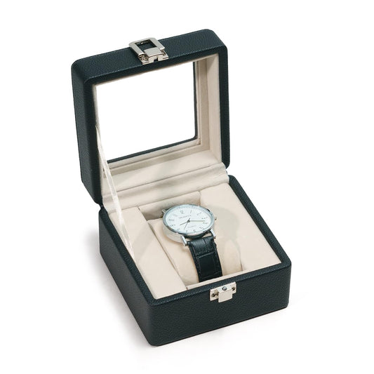 SORNDIF Watch Box, 1 Slot Watch Display Case for Men & Women, Removable Pillows, Clear See Through Lid, Watch Storage Watch Holder Organizer, Beige Soft Velvet Lining, Leather Surface (Black)