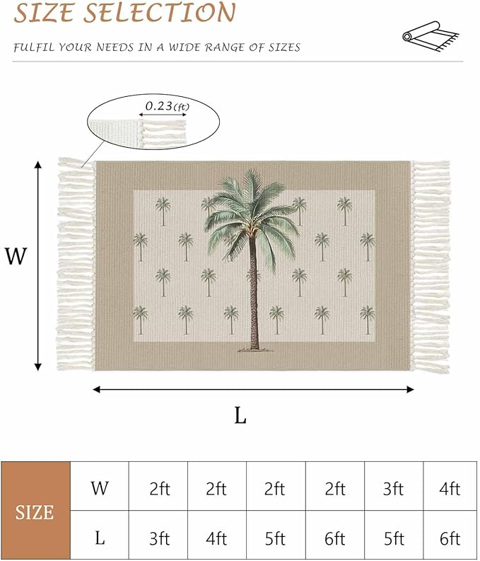 Tropical Palm Tree Entryway Rug 2X3 Ft Bathroom Mat, Washable Woven Brown Summer Beach Plant Throw Carpet with Tassel, Non-Shedding Farmhouse Retro Green Botanical Indoor Outdoor Kitchen Doormats