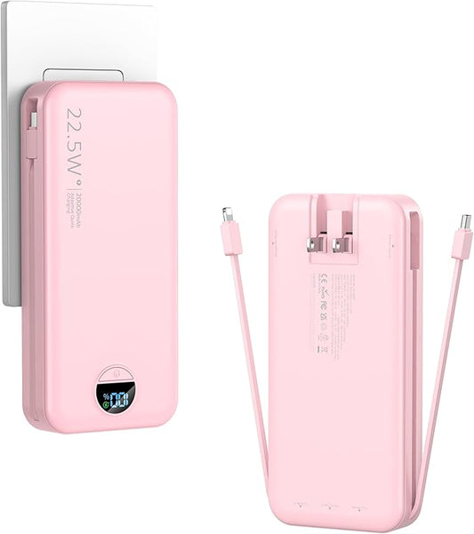 Portable Charger, 20000mAh 22.5W Fast Charging Power Bank with Built-in Cables & Wall Plug, External Battery Pack with LED Display, Travel Essentials Battery Bank for iPhone, iPad, Samsung Fairy Pink