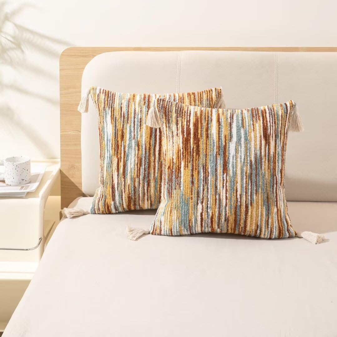 WANLIRD Boho Throw Pillow Covers 18x18 Set of 2 Woven Tufted Farmhouse Pillows Cover with Tassels Textured Striped Cushion Case Neutral Pillow Cases Decorative Pillowcase for Sofa Couch Bed,Rust