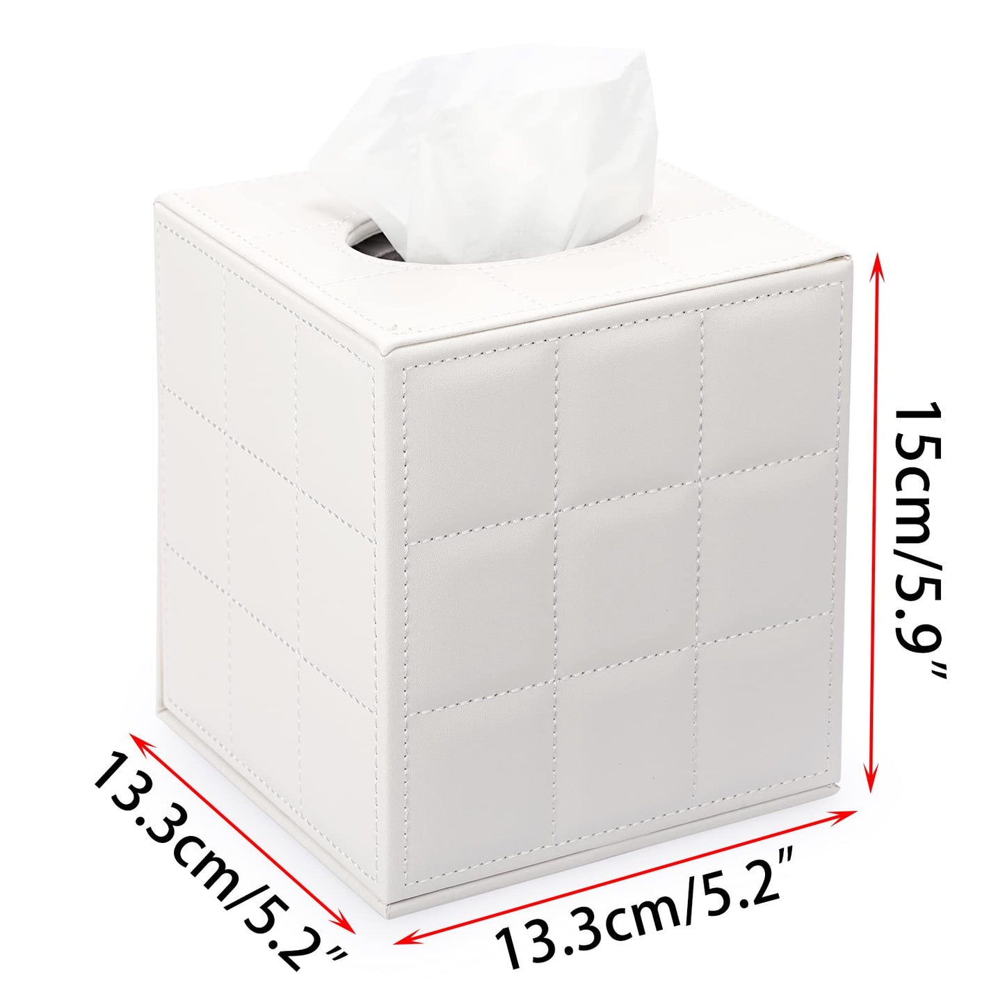 Sumnacon Square Leather Tissue Box Cover - Stylish Cube Tissue Box Holder with Magnetic Bottom, Decorative PU Tissue Box for Vanity Dresser Night Stand Table Countertop Home Office Car, Grid White