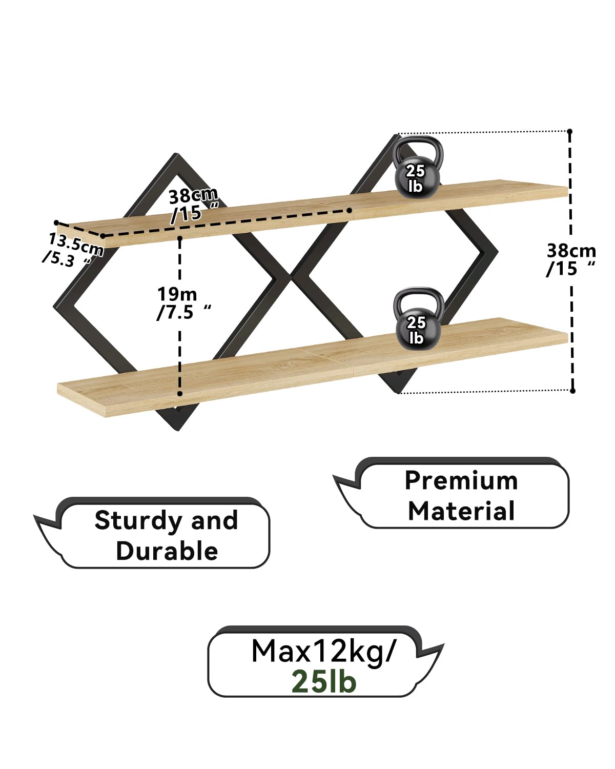 IBUYKE Floating Shelves,15 Inch Wall Shelf Set of 2,Wall Mounted Shelves,2 Tier Hanging Decorative Storage Shelf for Living Room, Bedroom, Bathroom, Kitchen TFS003R-2