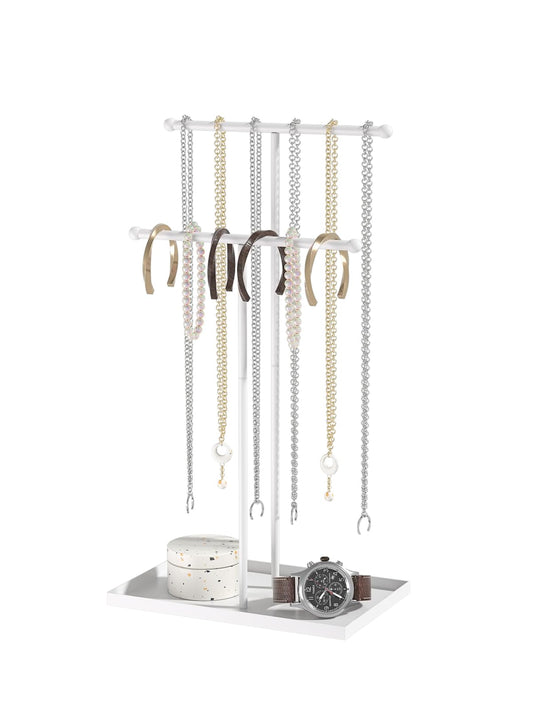 Ausalivan Necklace Organizers Holder,Jewelry Organizers and Displays for Women, Men, and Suppliers Small, Long, and 2 Tier Tall Necklace Stand, with Bracelet and Jewelry Storage Tray (White)