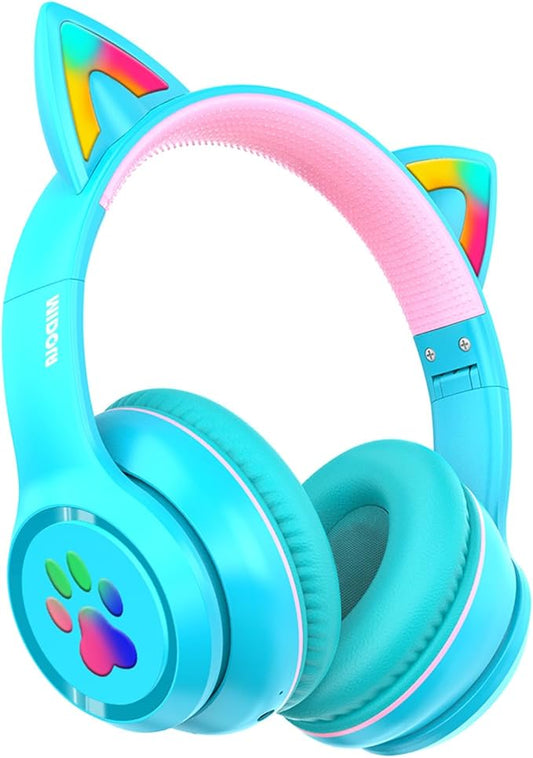 MIDOLA Kids Headphones Cat Ear Wireless Bluetooth 5.3 60H Over Ear, 8H with Led Light Foldable Music Gaming Headset with Aux 3.5mm Mic for Travel Pad Tablet Cyan