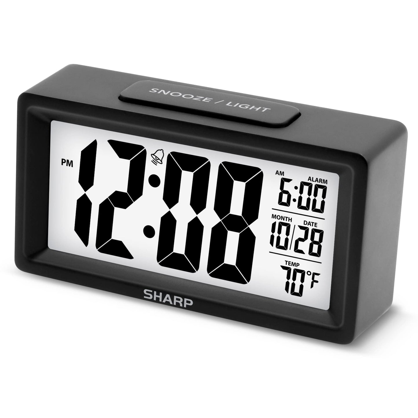 SHARP Alarm Clock with Indoor Temperature, Nightlight, Calendar, Battery Operated Digital Small Clock for Bedrooms or Travel, Black (SPC5025AMZ)