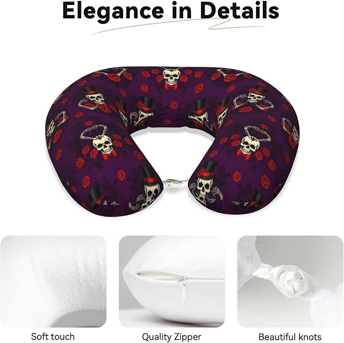 Neck Pillows for Travel Mexican Sugar Skulls Day of The Dead Red Roses Magic Hat, Women and Men Airplane Car Pillow, Neck Support U Shaped Pillow for Rest Pain Relief Sleeping