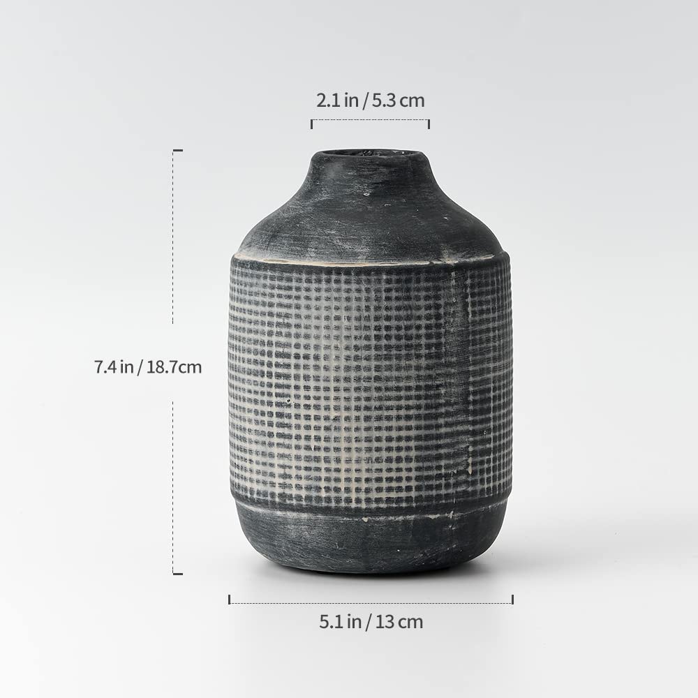 SIDUCAL Ceramic Rustic Farmhouse Vase, Sand Glaze Finish Boho Vase, Pottery Decorative Flower for Home Decor, Table, Living Room Decoration, Shelf Decor, Mantel, 7.4 Inch, Black