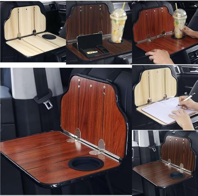 Folding Wood Car Back Seat Food Tray Table, Multi-Functional Car Seat desk for Eating, Working, Writing, Traveling(Brown)