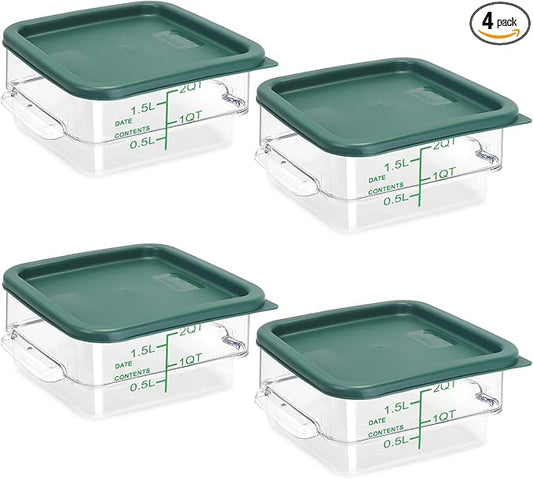 TSUBOR 4 Pack Food Storage Containers with Green Lids, 2.0 Qt - Square, Clear, Polycarbonate, for Restaurant Commercial Kitchen and Home party