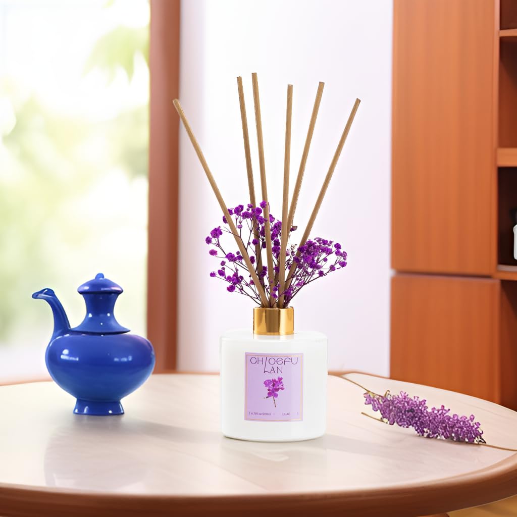 Chloefu Lan Lilac Diffuser, 6.7 oz Natural Essential Scented Oil with Diffuser Sticks, Best for Bathroom Decor, Living Room Decor, Home & Office Decor, Aromatherapy Diffuser Oil Gift Set