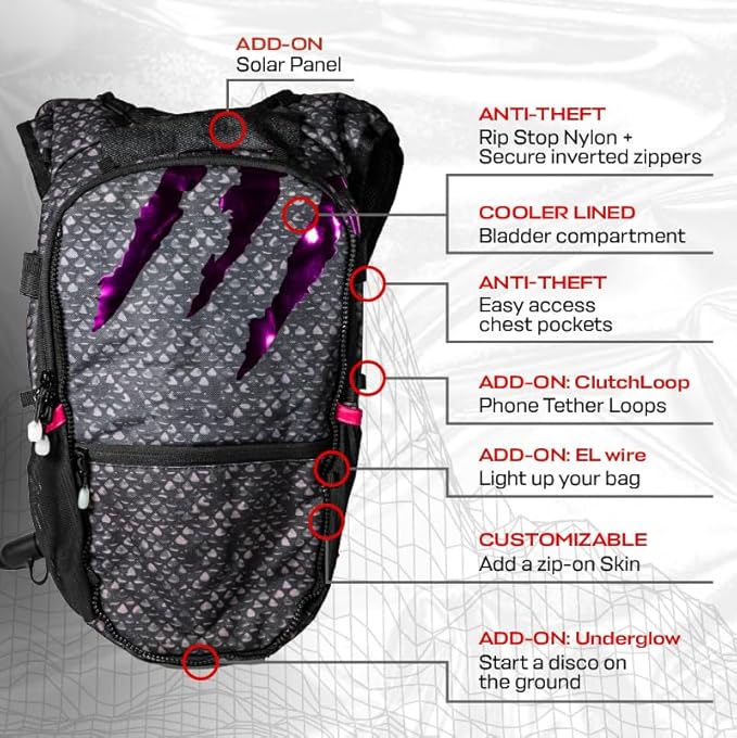 RAVERUNNER® Festival Water Backpack - Dual Chamber Hydration - 3L Insulated Water Backpack for Raves, Festivals, Hiking, Running - Festival Hydration Pack for Hydration Backpack Rave