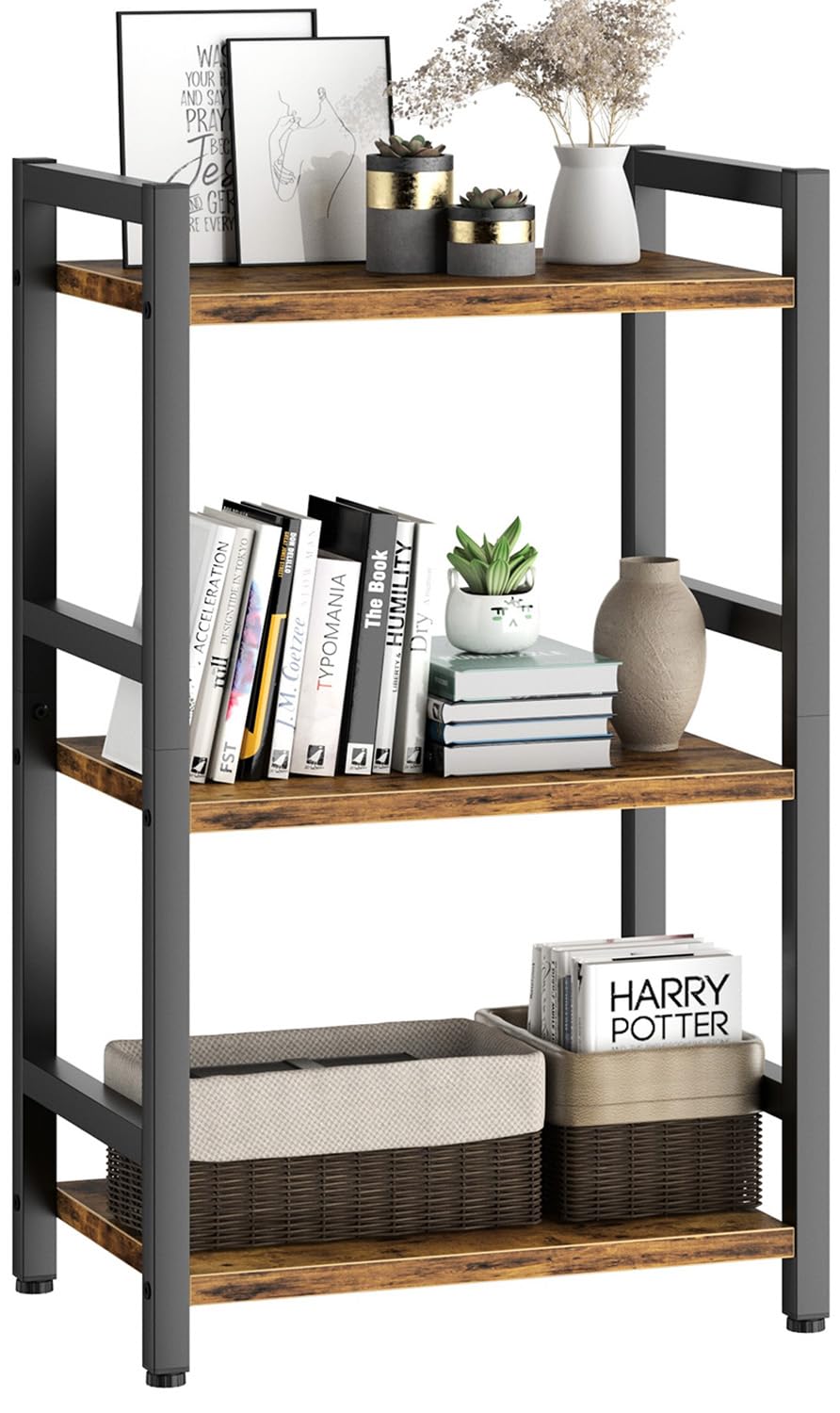 RAGIFEN Book Shelf, 3 Tier Bookcase with Steel Frame, Stable Bookshelf Narrow Book Shelves Storage Organizer for Book CD Movie, Open Book Shelves for Living Room, Home Office, Study, Rustic Brown