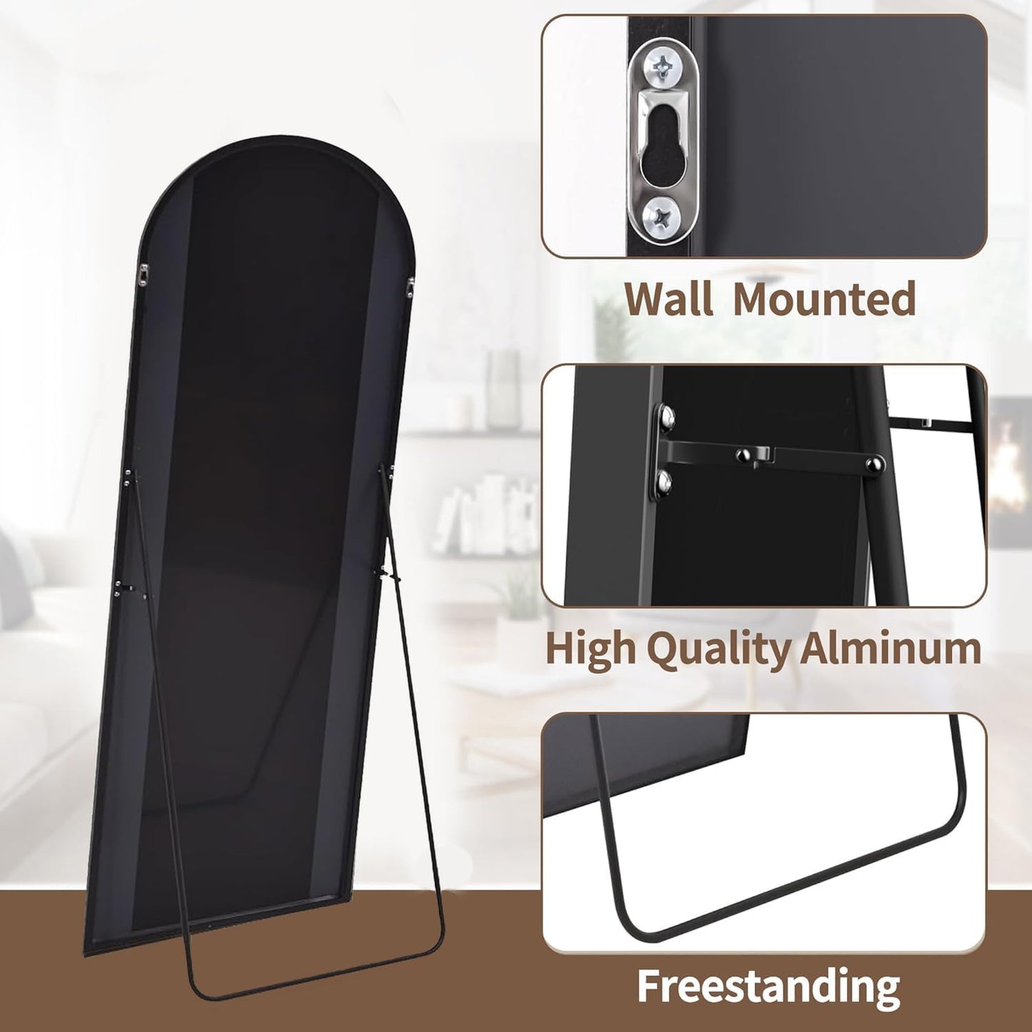 OGCAU Full Length Mirror, 70"x26" Arched Full Body Floor Mirror with Stand, Hanging or Leaning, Standing, Wall Mounted with Aluminum Frame for Bedroom Living Room (Black)