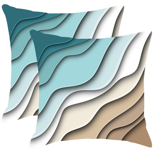 Blue Teal and Grey Boho Throw Pillow Covers 18x18 Set Of 2 Summer Outdoor Abstract Stripe Pillows Cover Mid Century Modern Decorative Pillow Case Farmhouse Cushion Cover for Home Couch Bed Sofa Decor