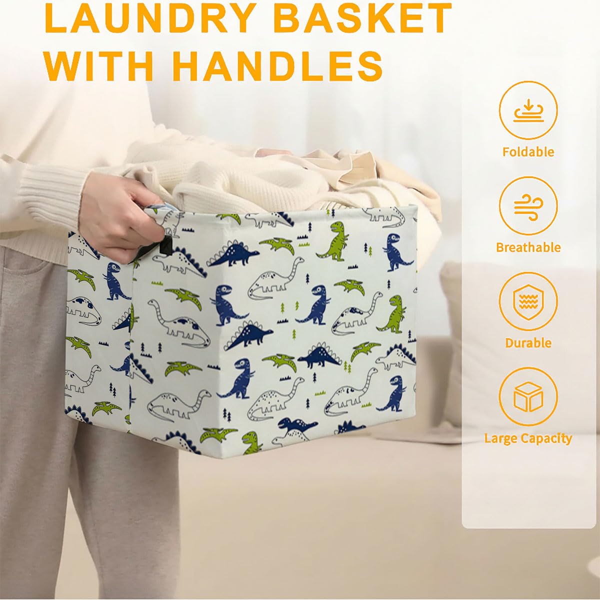 55L Dinosaurs Laundry Basket Dirty Clothes Hamper with Handles,Foldable Blanket Storage Large Laundry Hamper with Waterproof PE,Toy Storage Bin Organizer,Cube Clothes Organizer,Home Decor