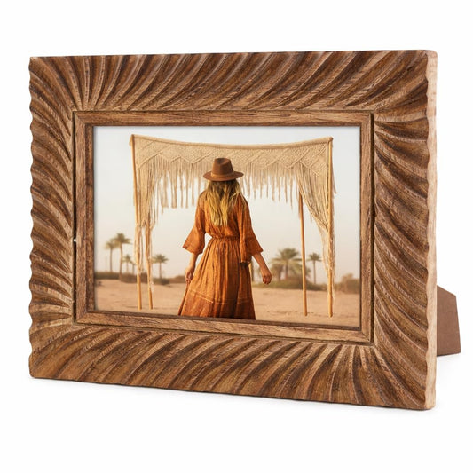 indoStrides Hand Carved Mango Wood 5x7 Picture Frame with Real Glass – Brown Ridged Pattern Vintage Wood Frame for Tabletop or Wall Mount Use – Rustic Home Decor for Home & Memories