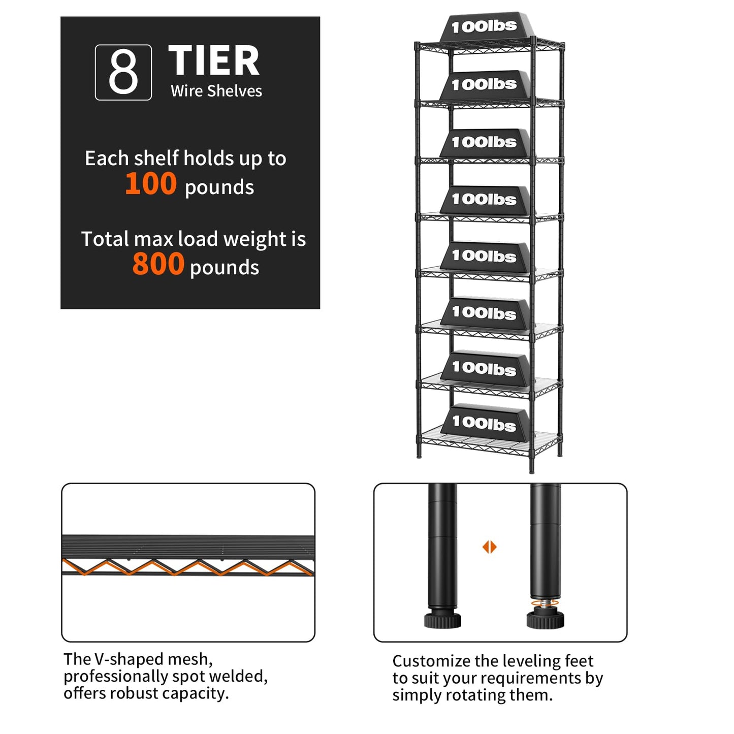 SINGAYE 8 Tier Shelf Organizer Storage Metal Shelves Garage Wire Shelving Unit Pantry Rack Adjustable Standing Storage for Kitchen Closet Laundry Bathroom Pantry 12" D x 22" W x 74" H Black