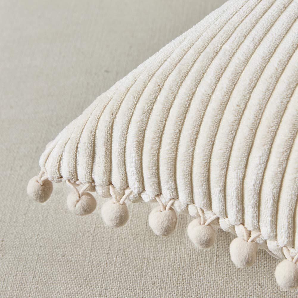 Fancy Homi Pack of 2 Corduroy Soft Decorative Throw Pillow Covers with Pom-poms, Solid Square Cushion Case Pillow Cases Set for Couch Sofa Bedroom Car Living Room (24x24 Inch/60x60 cm, Cream)