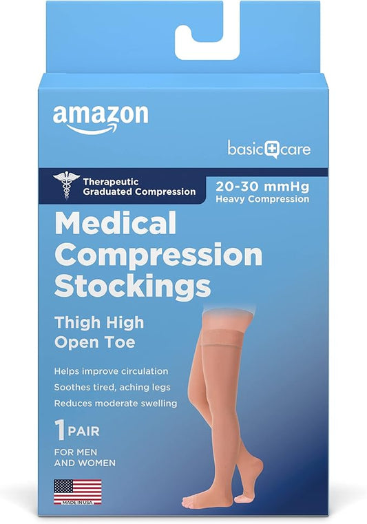 Amazon Basic Care Medical Compression Stockings, 20-30 mmHg Support, Women & Men Thigh Length Hose, Open Toe, Beige, 2X-Large (Previously NuVein)
