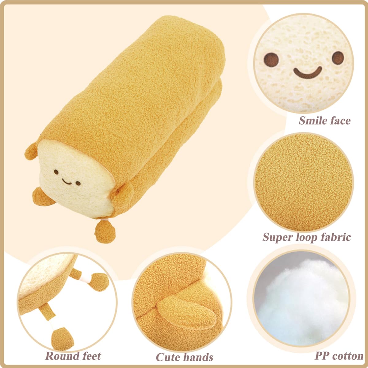 DENTRUN Toast Plush Pillow, Stuffed Bread Shape, Soft Food Plushie for Kids & Adults, 15"