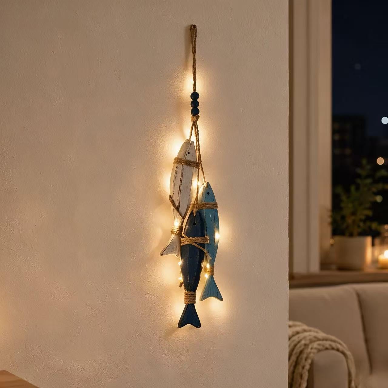 Lighted Coastal Wooden Fish Wall Decor for Bathroom Porch Beach House