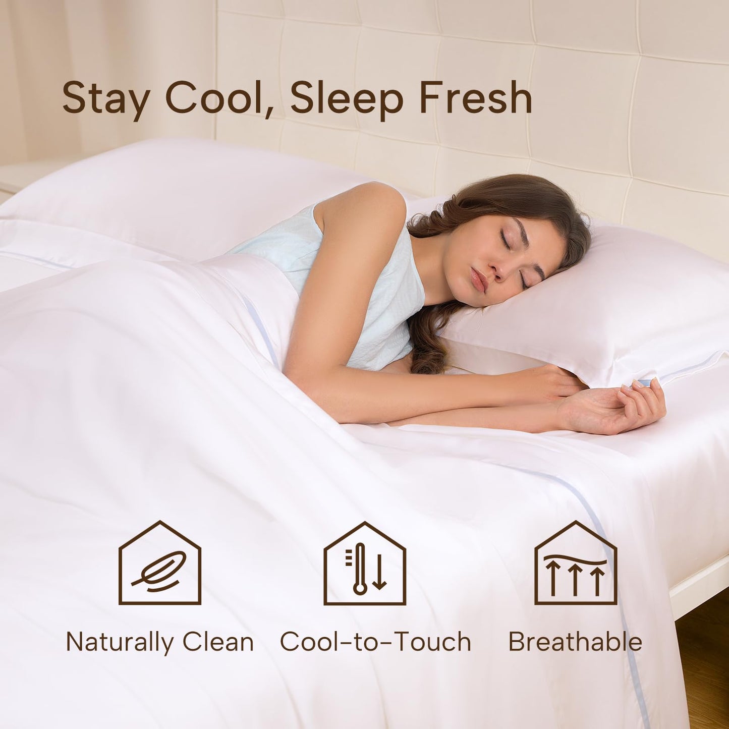 JSELF 100% Viscose Derived from Bamboo Sheet Set - Hotel Luxury Cooling Bed Sheets for Hot Sleepers & Night Sweats, 18" Deep Pocket, Soft & Breathable, Oeko-TEX (White with Blue Tape, Queen)