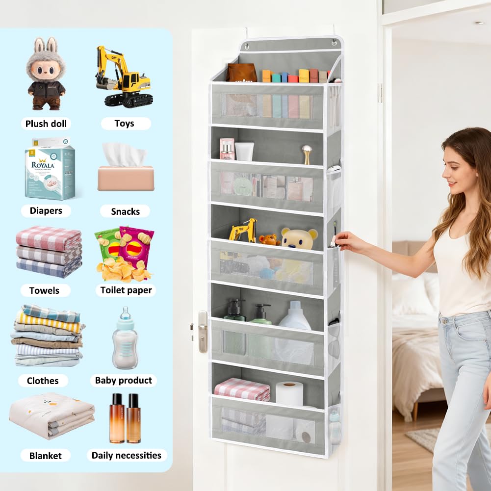 GINOYA Over The Door Storage Organizer with 5 Extra Large Pockets & Side Mesh Pouches, Hanging Closet Door Organizer for Bedroom, Baby Nursery Storage, Anti-Tilt Design, Fits 1.6" Doors-Gray