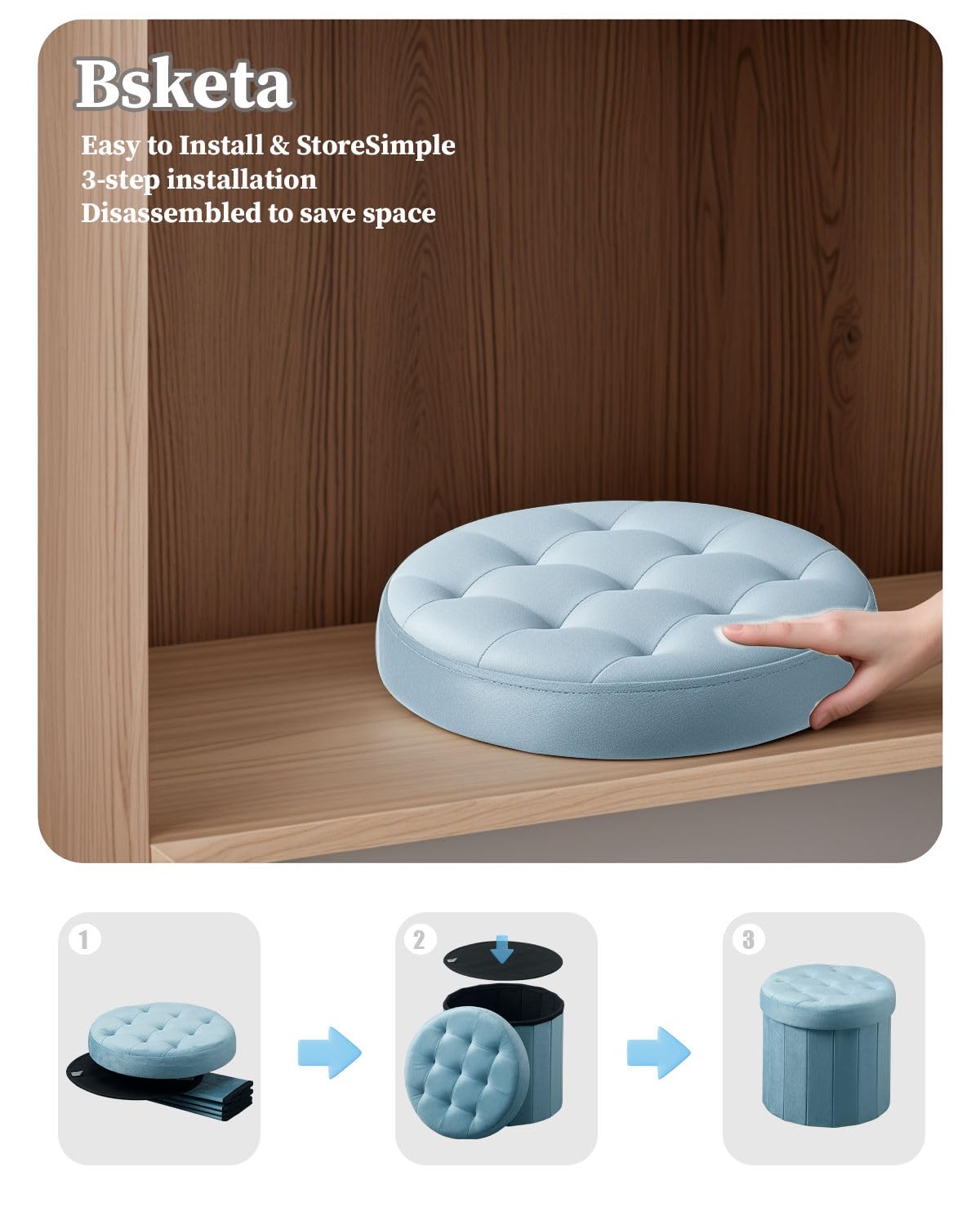 Bsketa® Folding Storage Ottoman Round 14" x 14" x 13"Inch Foot Stool with Thicker Foam Padded Seat Small Velvet Storage Ottoman Bench Foot Rest for Living Room Foldable Coffee Table(Teal)