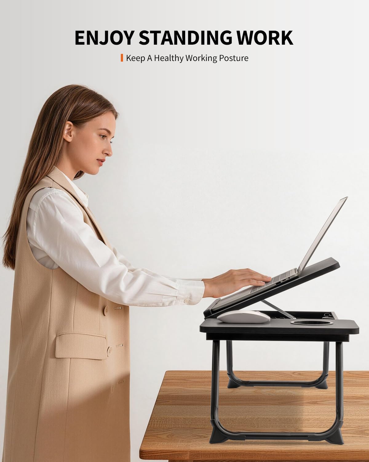 FISYOD Foldable Laptop Desk for Bed Couch, Adjustable Split Lap Desk with Cup Holder, Portable Lightweight Bed Table Tray, Heavy-Duty Laptop Stand for Working, Writing, Reading and Eating - Black