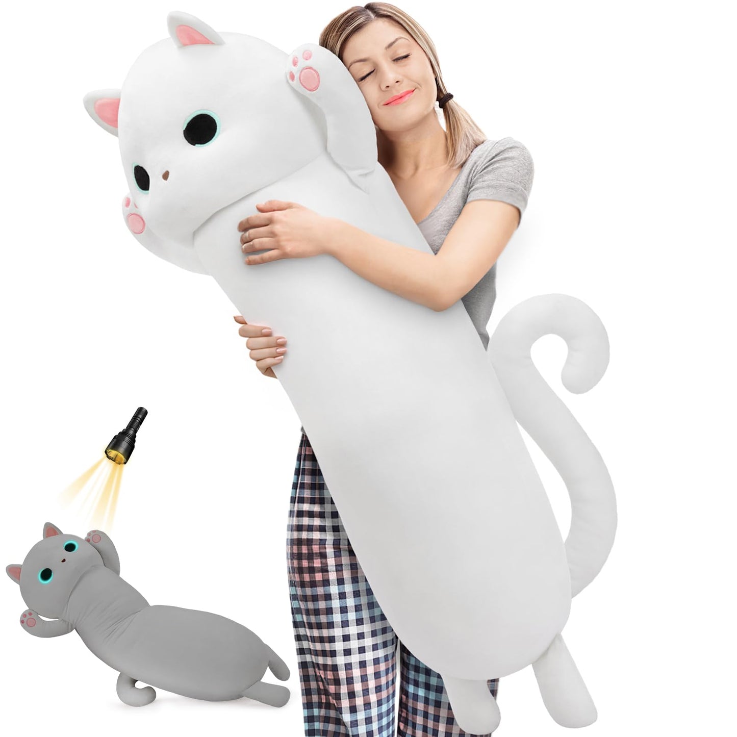 MaoGoLan 44'' Cat Plush Body Pillow, Giant Glow in The Dark Cat Stuffed Animal Pillow for Girl Boy Kid, Long Cute Kitty Plush Pillow for Birthday Gift, Baby Shower Party Decor, White