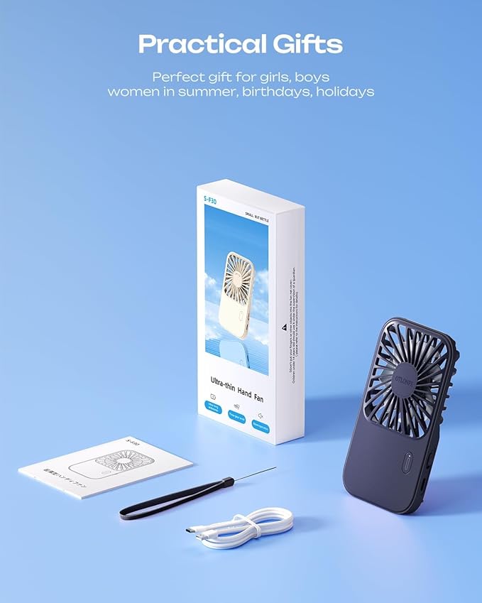 Otlonpe Rechargeable Mini Portable Handheld Fan, Small Personal Battery Powered Handheld Portable Fans for Hand Held Desktop Travel, Foldable Stand, Slim Cordless, Wrist Strap, 3-Speed (Blue)