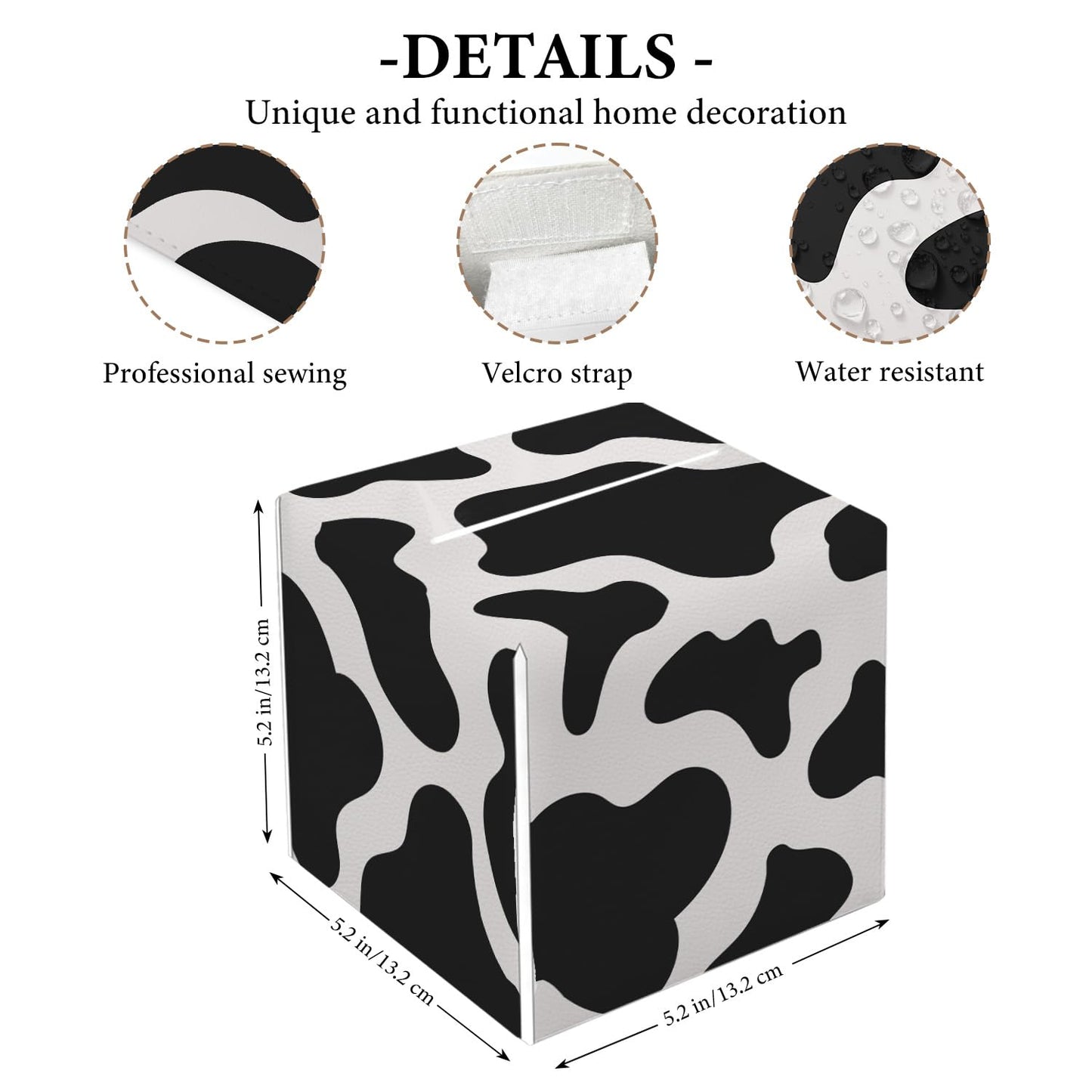 Cow Print Tissue Box Cover, Black and White Tissue Box Holder, Square Facial Paper Case, Cube Facial Paper Organizer Dispenser for Bedroom Vanity Countertop Nightstands/Leather-12