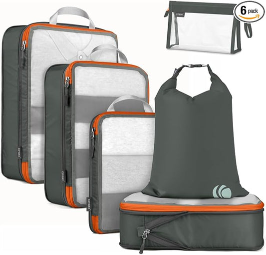 Cipway Compression Packing Cubes, See Through Mesh Luggage Organizer Bags, Travel Essentials for Carry on Suitcase with Laundry Bag and Clear Toiletries Bag（6Pcs,Grey）