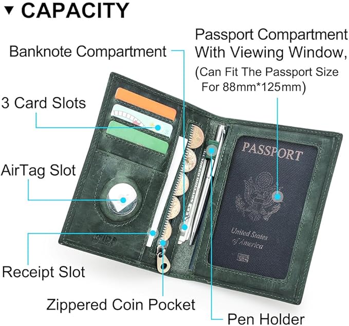 CONTACTS Full Grain Leather Airtag Passport Holder RFID Blocking Travel Passport Wallet Slim Passport Cover Case with 4 Cards Slots, Coin Pocket (Green)