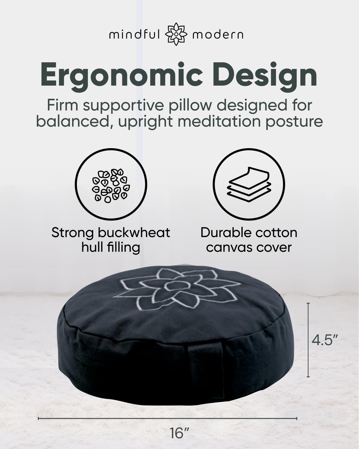 Mindful & Modern Large Meditation Cushion for Zafu Yoga - Meditation Pillow for Sitting on the Floor - Buckwheat Hull Filled Yoga Cushion with Removable, Washable 100% Cotton Cover and Carry Handle