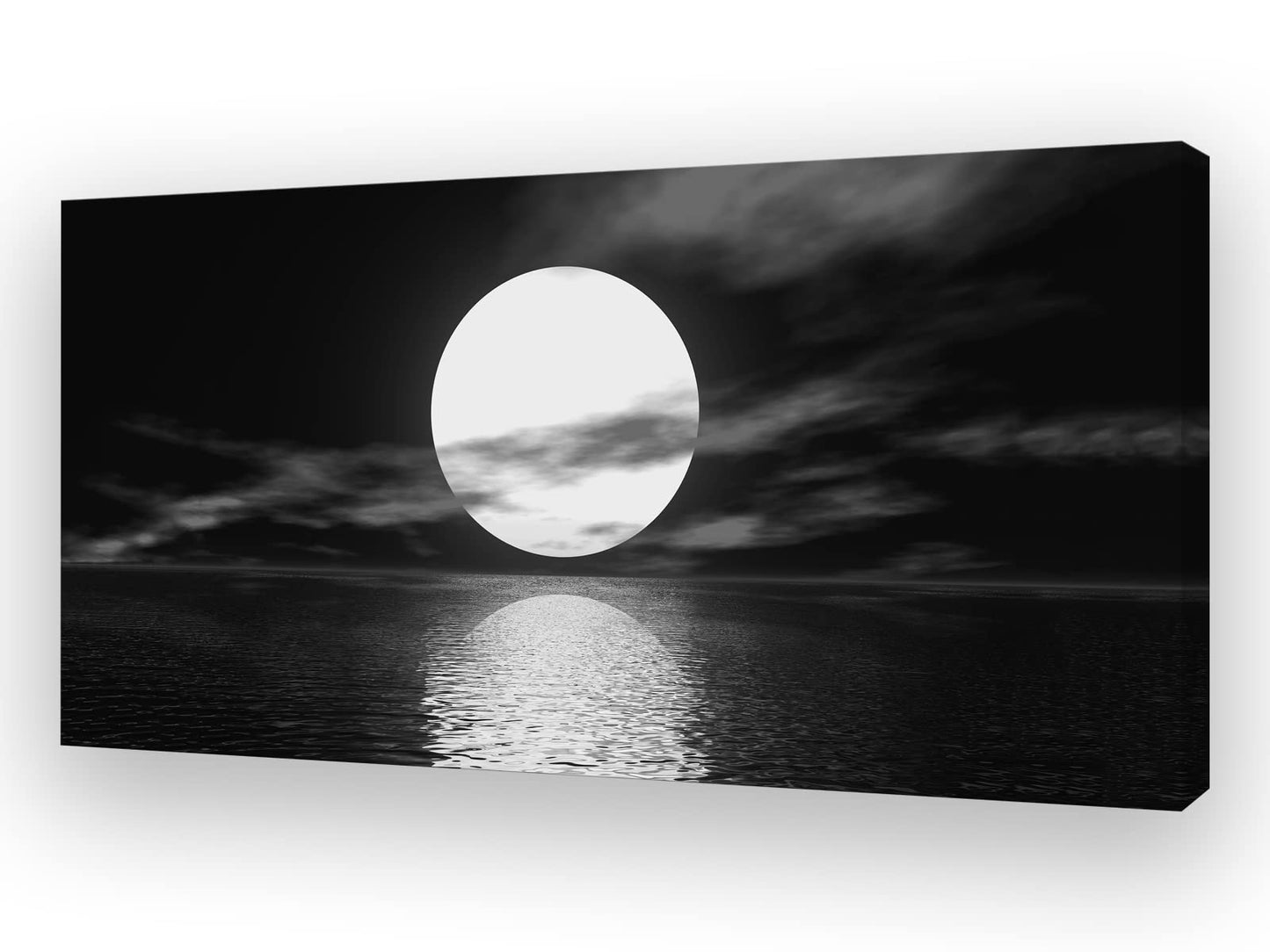 Cao Gen Decor Art S06450 Wall Art Canvas Sea White Full Moon in Night Picture Canvas Poster Print Black and White Ocean for Living Room Bedroom Kitchen Home Decorations Framed Artwork