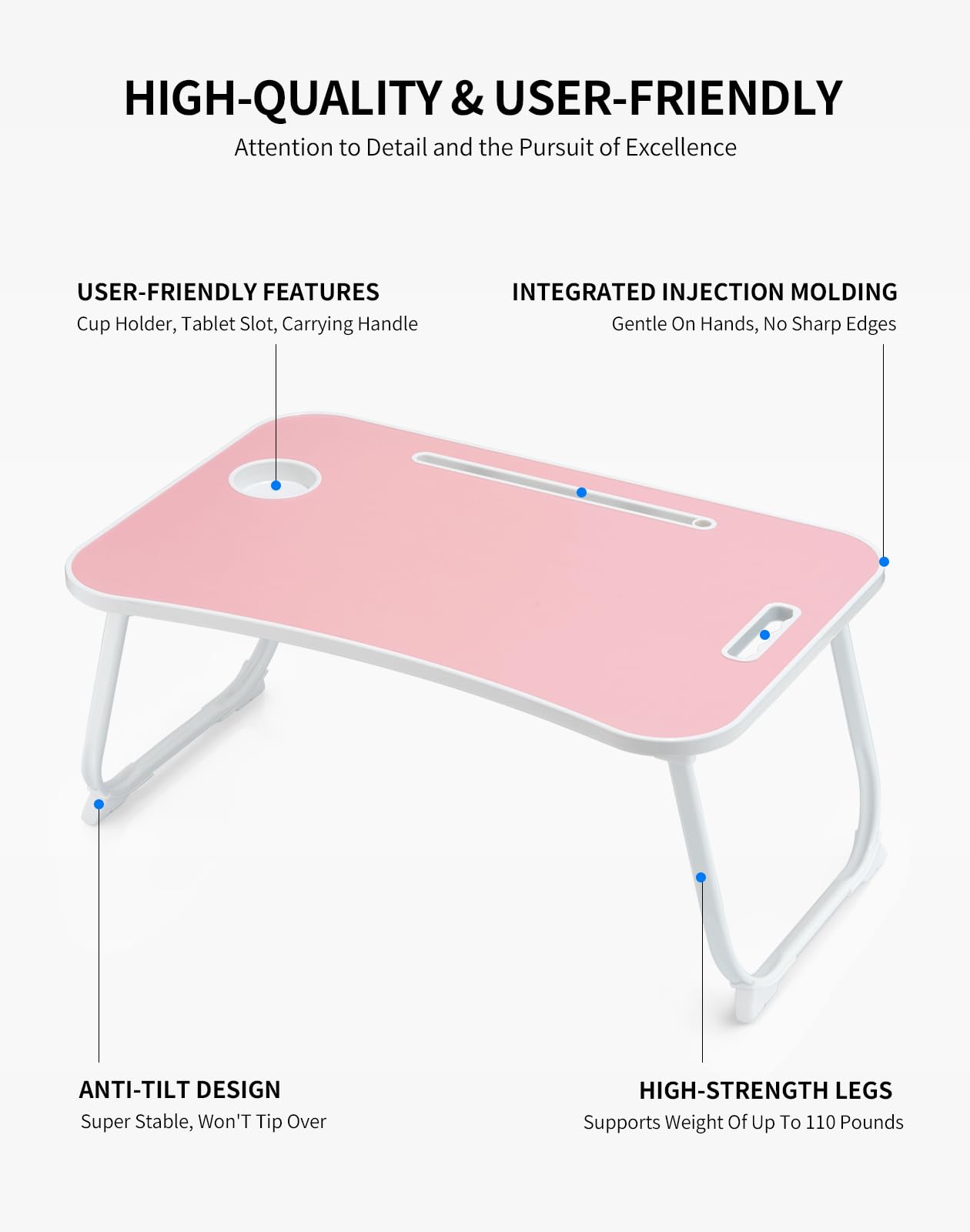 ZEAPTAC Laptop Bed Desk, Foldable Lap Desk, Portable Lap Table, Laptop Stand with Cup Holder, Tablet Slot & Lifting Handle for Work, Write, Draw & Eat on Bed, Sofa or Couch - Pink