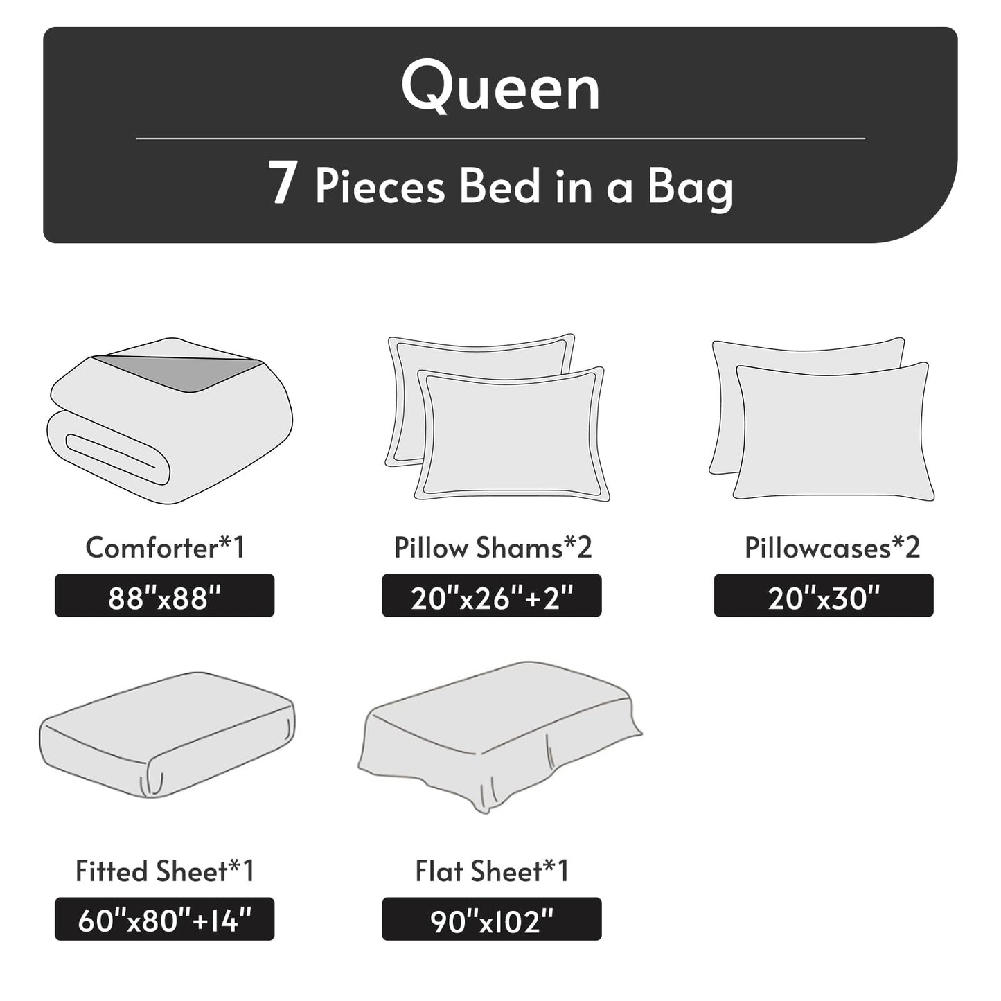 MUXHOMO 7 Pieces Queen Comforter Set, Reversible Bed in a Bag Queen Size, All Season Bedding Set with Comforter, Flat Sheet, Fitted Sheet, Pillowcases & Shams, Dark Grey & Light Grey