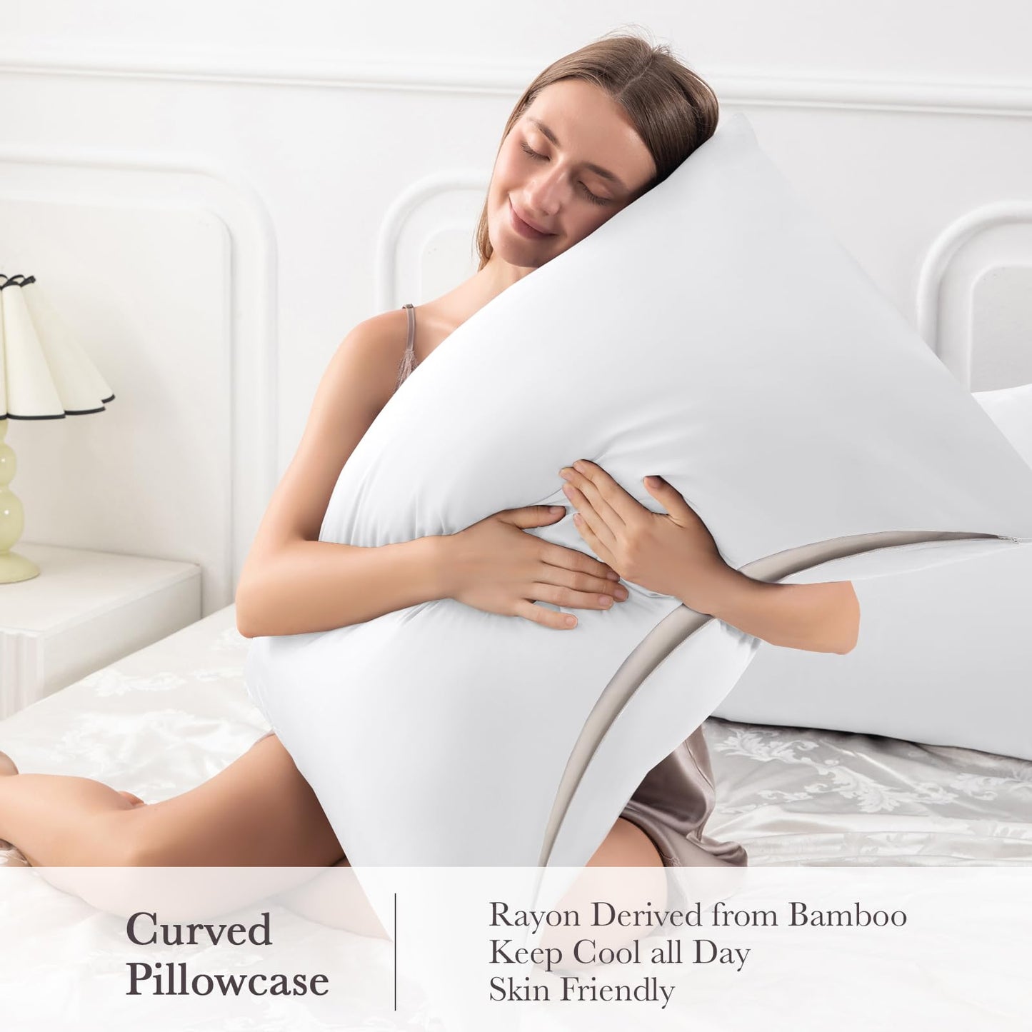 Curved Pillow Case King Size, Side Sleeper Pillow Cases Cover Cooling Rayon Derived from Bamboo with Zipper for hot Sleepers Hair and Skin, Breathable Silky Soft Pillowcase 1 Pack 20 * 36 Inches