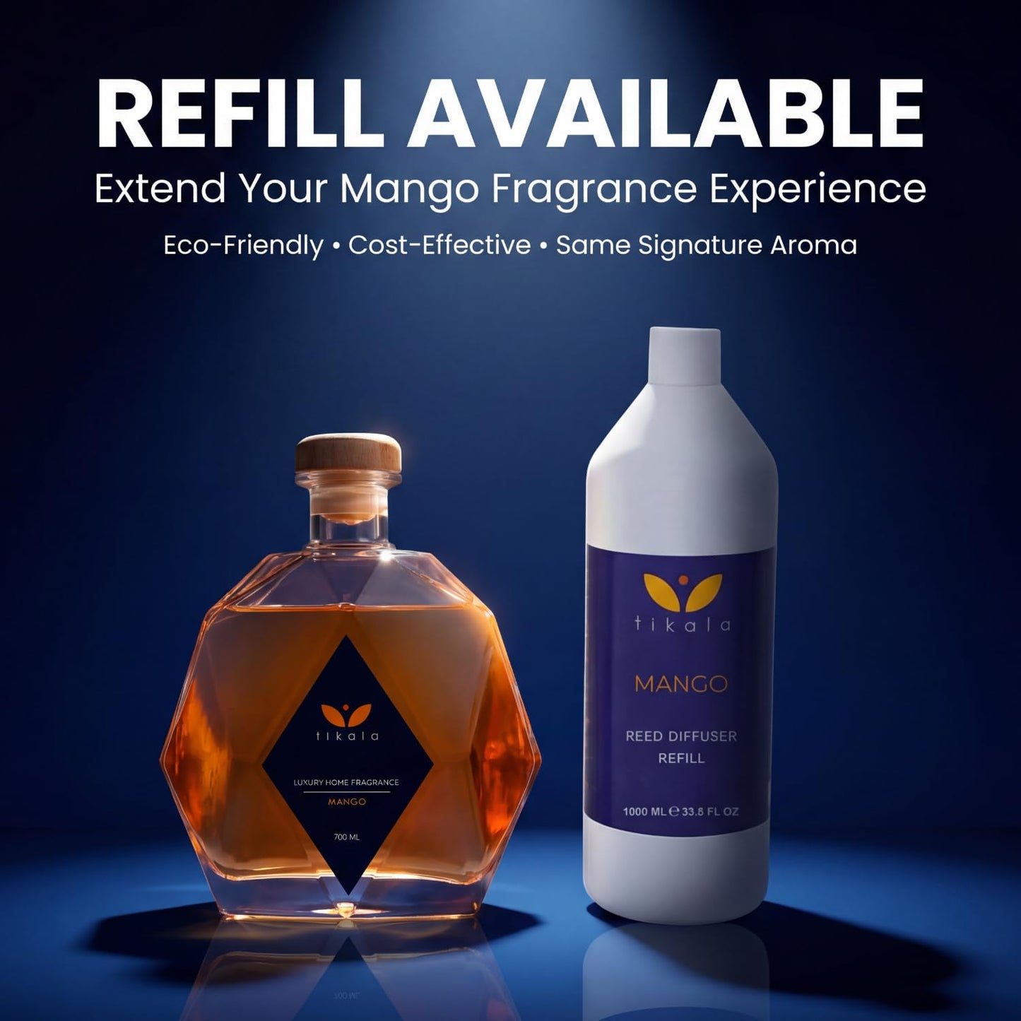 Tikala Luxury Reed Diffuser with Mango Scent – Crystal Glass Bottle – Home Fragrance for Living Room, Bathroom & Office – 23.67 fl oz (700 ml)