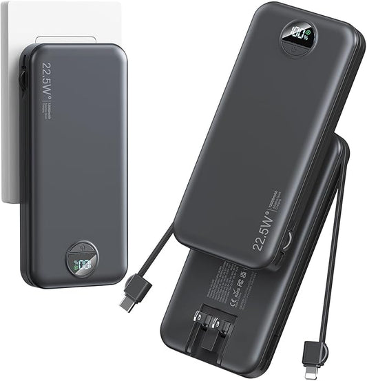 Ultra-Portable-Charger-Power-Bank with Built in Cables&AC Wall Plug,12000mAh PD20W USB-C Fast Charging Cell Phone Charger Battery Pack,LED Display Travel Battery Bank for All iPhone,Samsung,Android