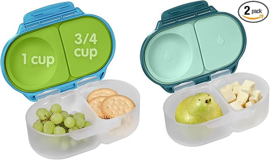 b.box Snack Box 2 Pack - Leak Proof Mini Bento Box for Kids & Toddlers, 2 Compartment Snack Containers for Kids, Dishwasher Safe, BPA Free, PFAS Free, Ages 4m+, 1 3/4 Cup Each (Ocean Blue + Forest)