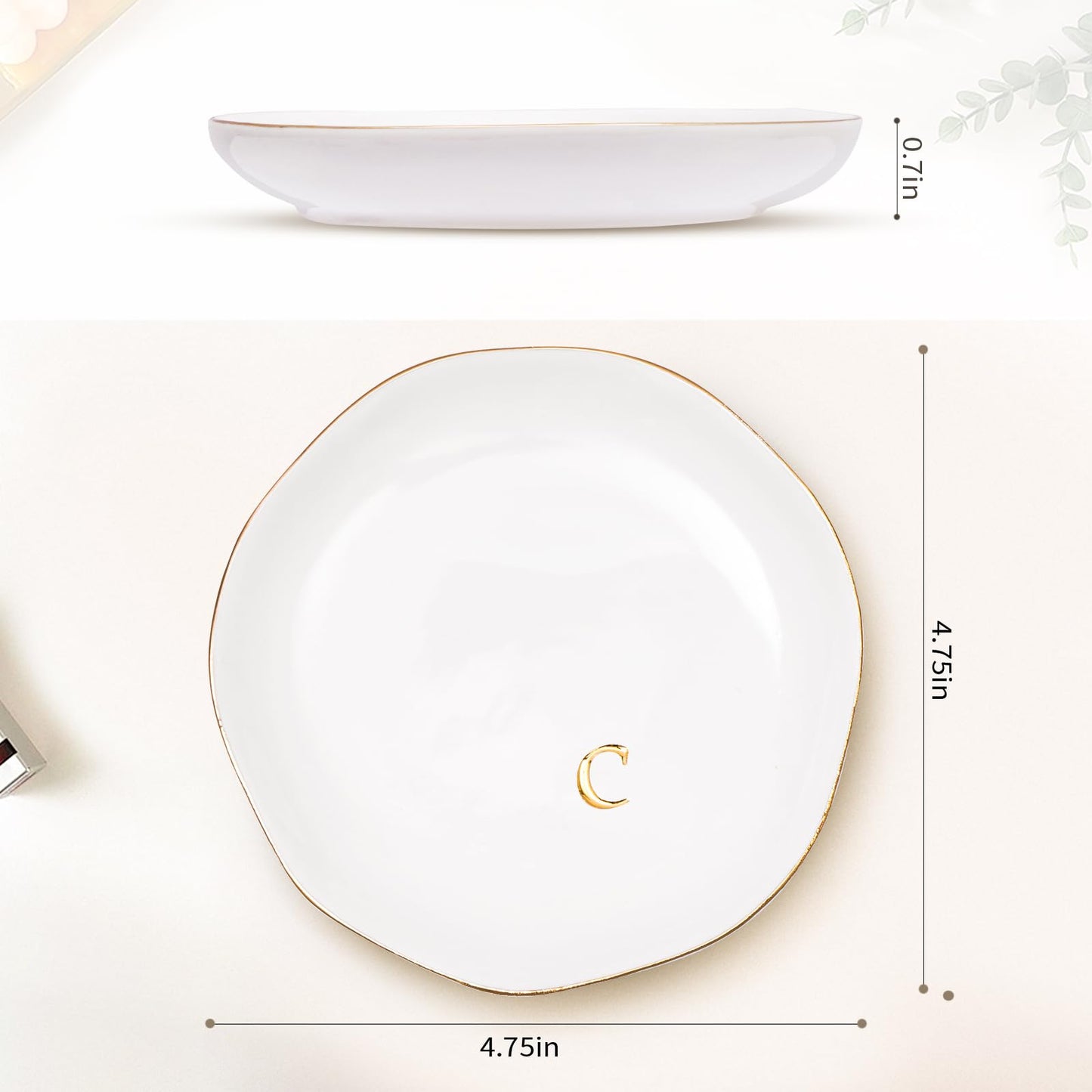 Fyshipin Ceramic Jewelry Tray,Decorative Trinket Dish for Room Decor,Birthday Valentine's Day Mother's Day Graduation Christmas Personalized Gift for Women, 4.75", Gold Rim,Engraved Initial c