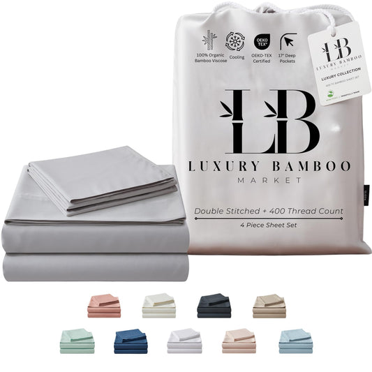 Luxury Bamboo Market | King Size Bed Sheet Set | 100% Viscose Made from Bamboo | Organically Grown | Ultra Soft | Cooling Sheets for Hot Sleepers | 17" Deep Pocket [Dove Grey]